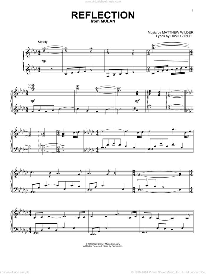 Reflection (from Mulan) sheet music for piano solo by Matthew Wilder, Matthew Wilder & David Zippel and David Zippel, intermediate skill level