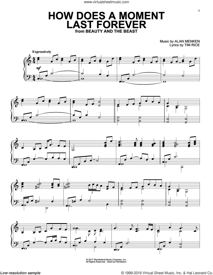How Does A Moment Last Forever (from Beauty and The Beast) sheet music for piano solo by Celine Dion, Alan Menken and Tim Rice, intermediate skill level