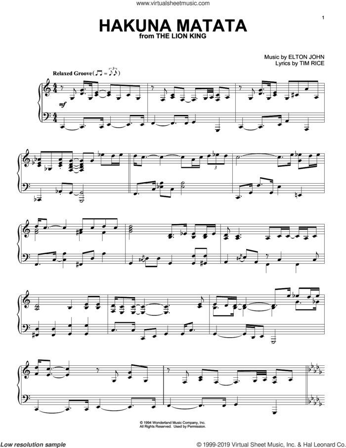 Hakuna Matata (from The Lion King), (intermediate) sheet music for piano solo by Elton John and Tim Rice, intermediate skill level