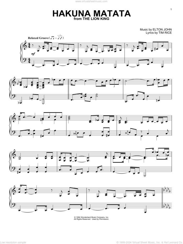 Hakuna Matata (from The Lion King) sheet music for piano solo by Elton John and Tim Rice, intermediate skill level