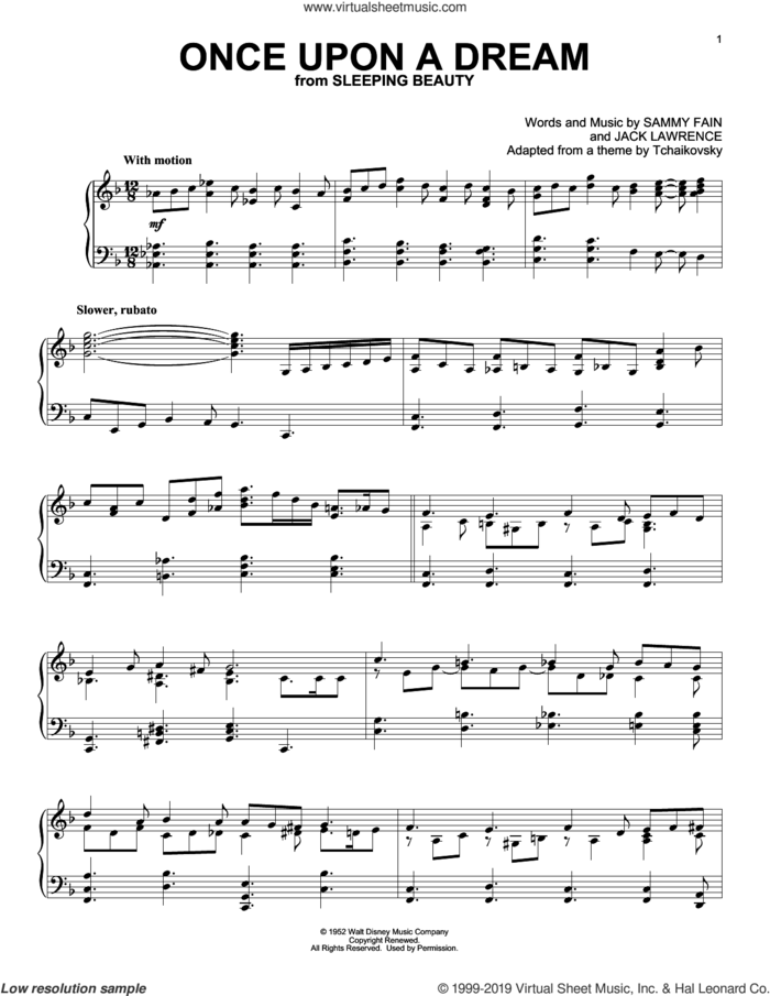 Once Upon A Dream (from Sleeping Beauty) sheet music for piano solo by Sammy Fain and Jack Lawrence, intermediate skill level