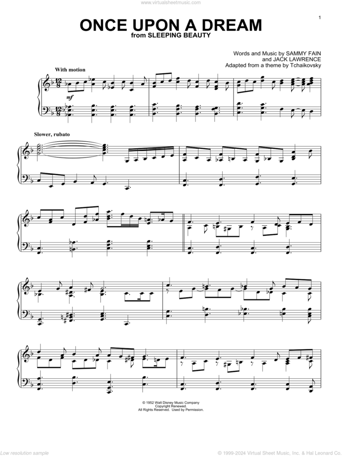 Once Upon A Dream (from Sleeping Beauty) sheet music for piano solo by Sammy Fain and Jack Lawrence, intermediate skill level