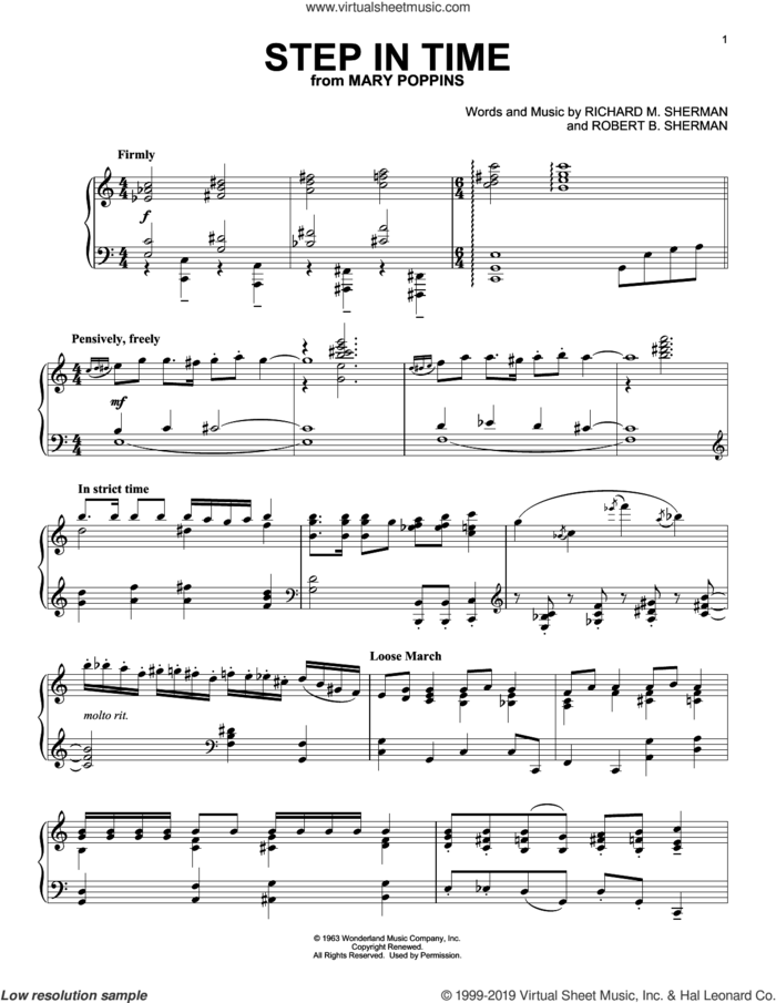 Step In Time (from Mary Poppins) sheet music for piano solo by Sherman Brothers, Richard M. Sherman and Robert B. Sherman, intermediate skill level