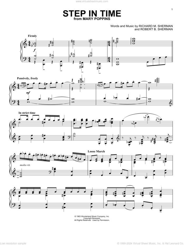 Step In Time (from Mary Poppins) sheet music for piano solo by Sherman Brothers, Richard M. Sherman and Robert B. Sherman, intermediate skill level