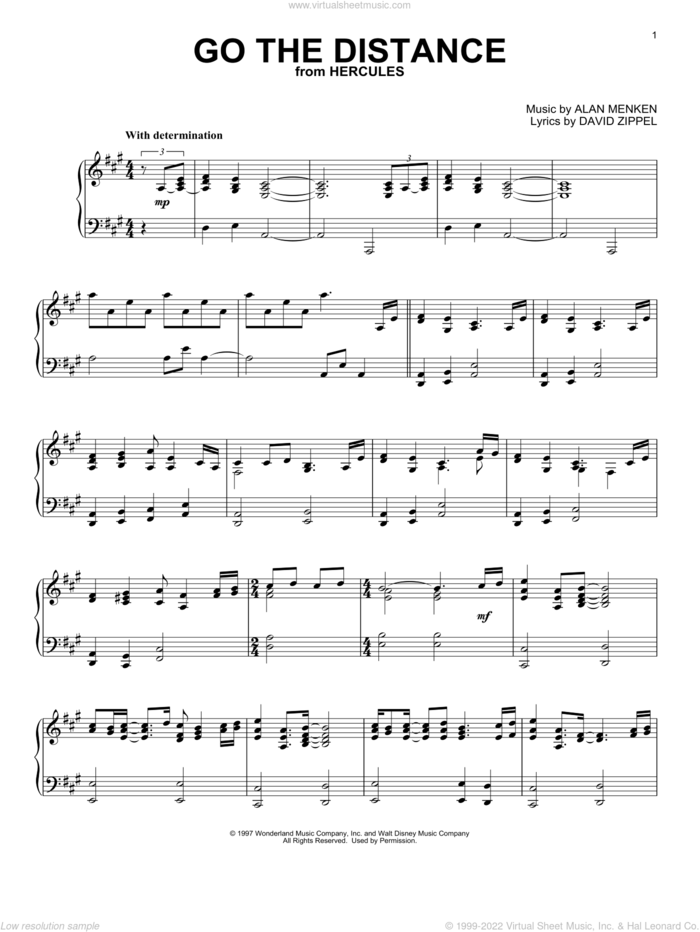 Go The Distance (from Hercules) sheet music for piano solo by Alan Menken & David Zippel, Michael Bolton, Alan Menken and David Zippel, intermediate skill level