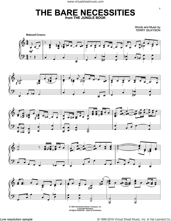 The Bare Necessities (from The Jungle Book) sheet music for piano solo by Terry Gilkyson, intermediate skill level
