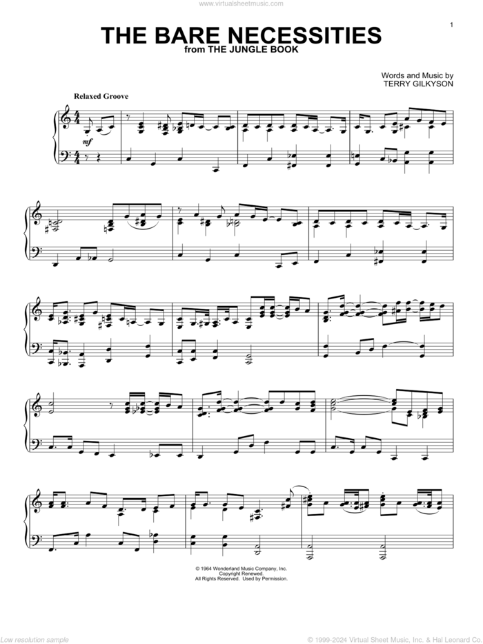 The Bare Necessities (from The Jungle Book), (intermediate) sheet music for piano solo by Terry Gilkyson, intermediate skill level