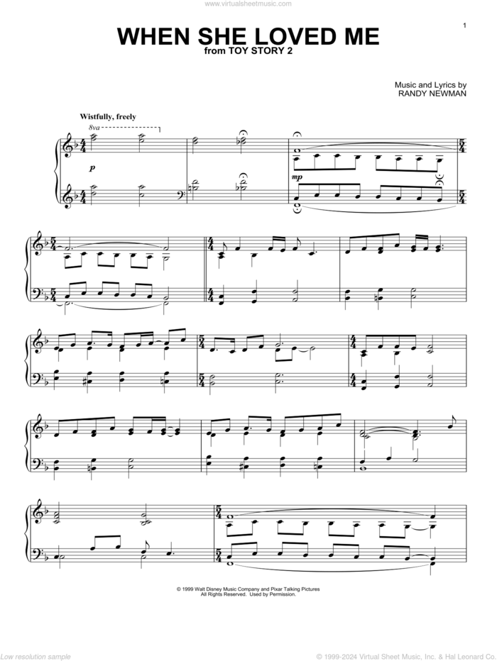 When She Loved Me (from Toy Story 2) sheet music for piano solo by Sarah McLachlan and Randy Newman, intermediate skill level