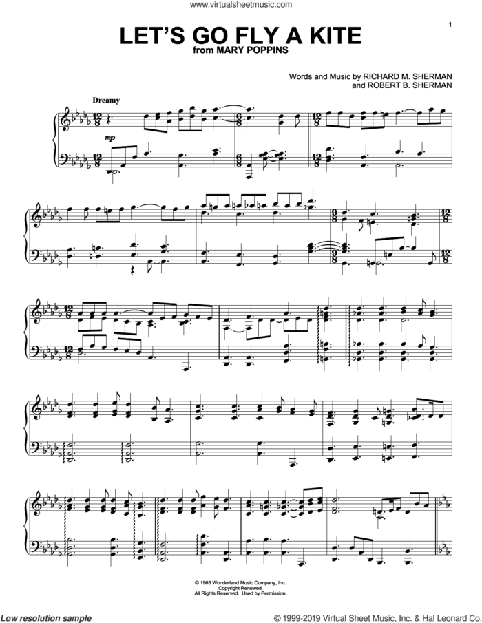Let's Go Fly A Kite (from Mary Poppins) sheet music for piano solo by Sherman Brothers, Richard M. Sherman and Robert B. Sherman, intermediate skill level