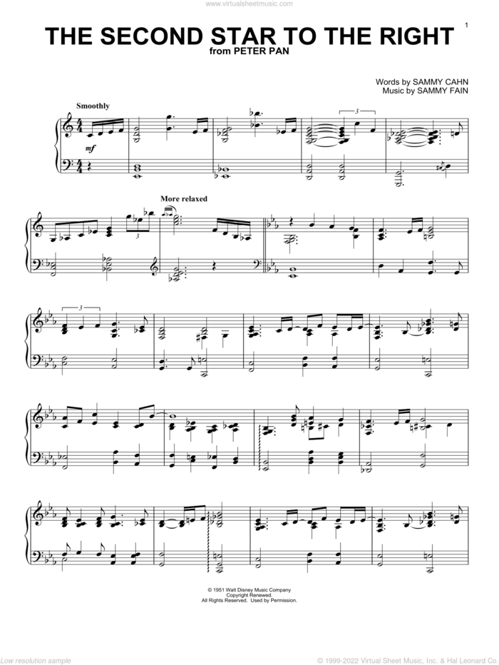 The Second Star To The Right (from Peter Pan) sheet music for piano solo by Sammy Cahn & Sammy Fain, Sammy Cahn and Sammy Fain, intermediate skill level