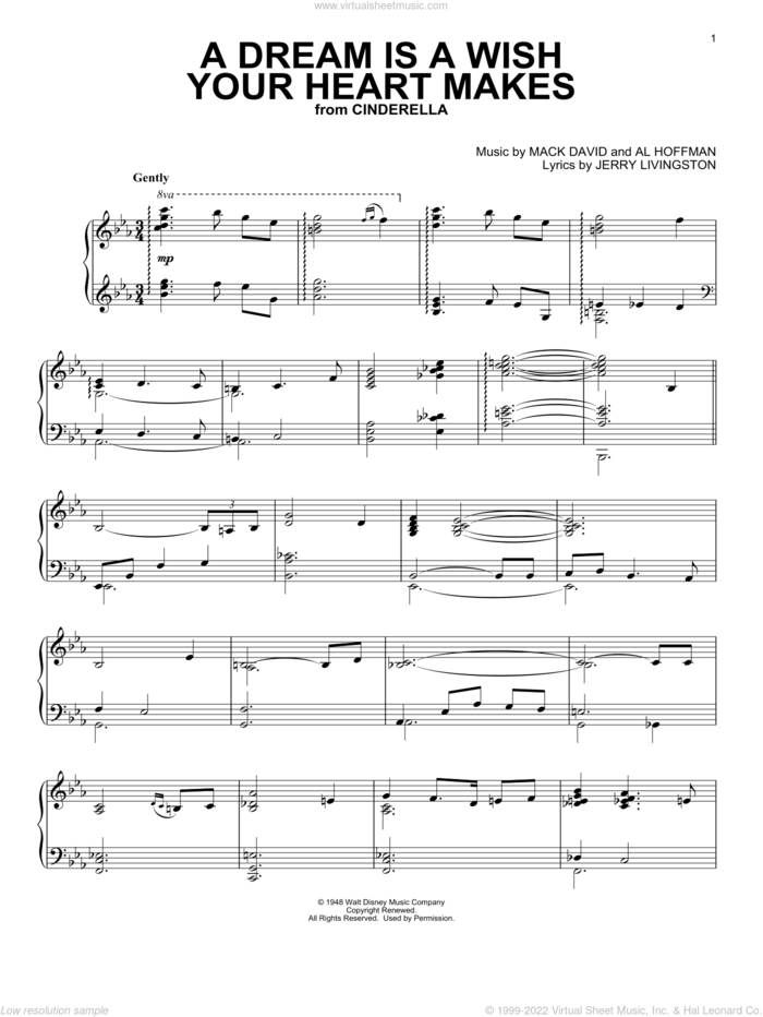A Dream Is A Wish Your Heart Makes (from Cinderella) sheet music for piano solo by Ilene Woods, Al Hoffman, Jerry Livingston and Mack David, wedding score, intermediate skill level