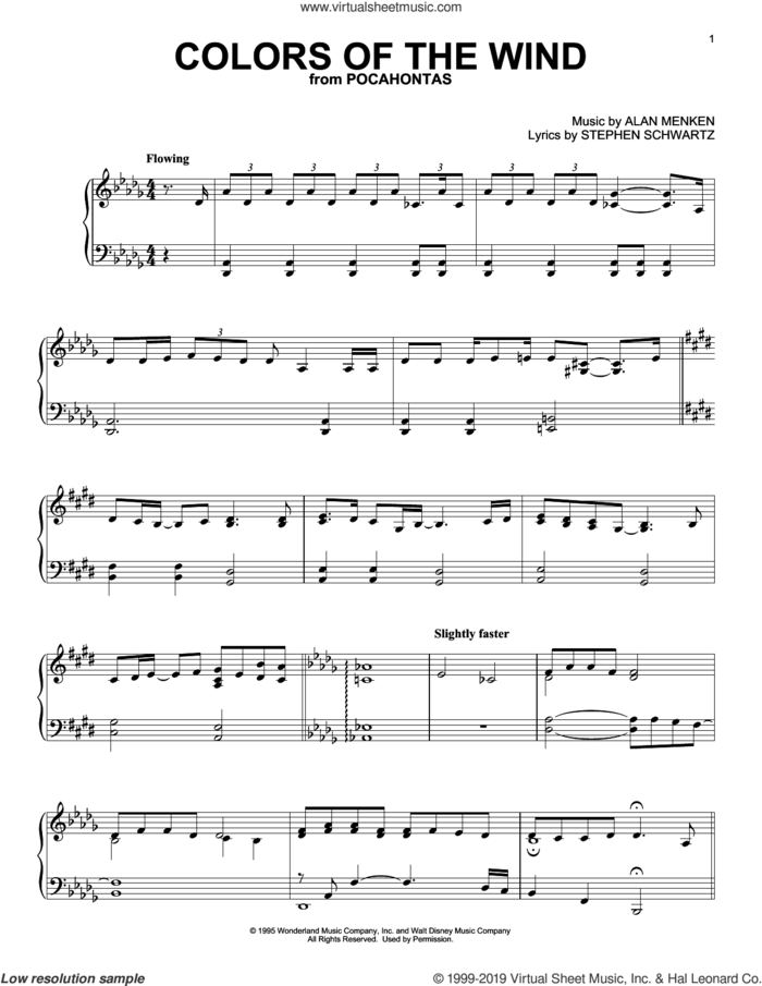 Colors Of The Wind (from Pocahontas), (intermediate) sheet music for piano solo by Vanessa Williams, Alan Menken and Stephen Schwartz, intermediate skill level