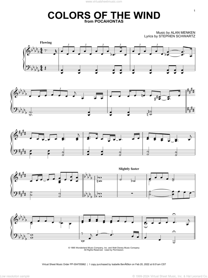 Colors Of The Wind (from Pocahontas), (intermediate) sheet music for piano solo by Vanessa Williams, Alan Menken and Stephen Schwartz, intermediate skill level