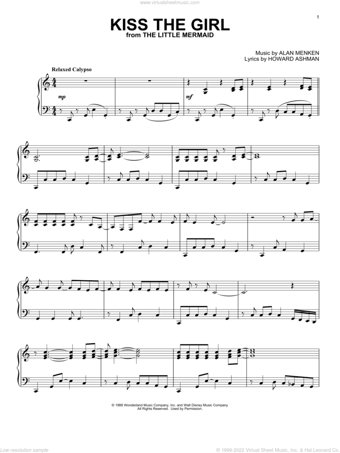 Kiss The Girl (from The Little Mermaid) sheet music for piano solo by Alan Menken & Howard Ashman, Alan Menken and Howard Ashman, intermediate skill level