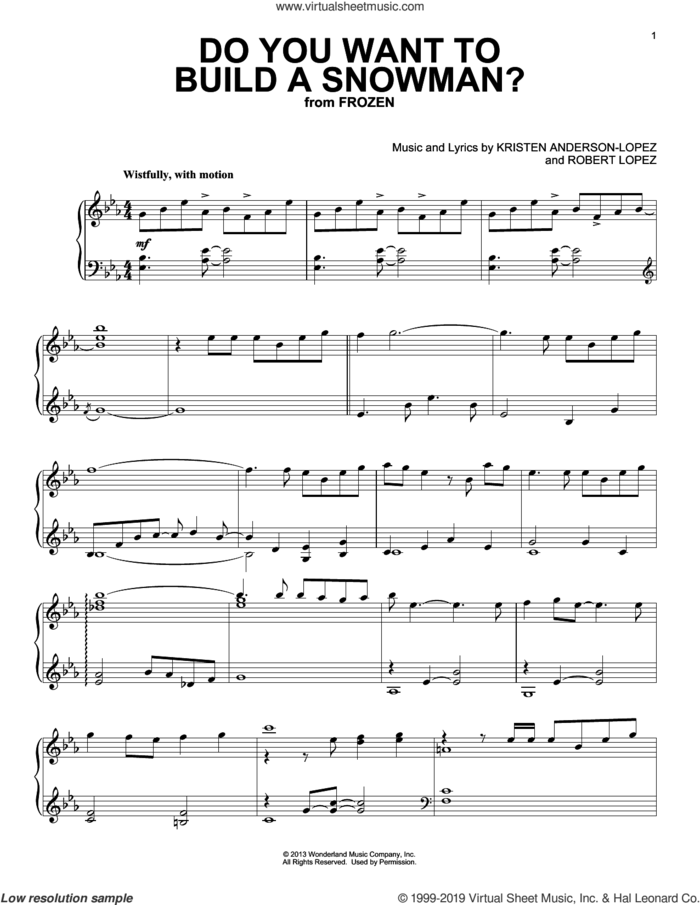 Do You Want To Build A Snowman? (from Frozen) sheet music for piano solo by Kristen Bell, Agatha Lee Monn & Katie Lopez, Kristen Bell, Kristen Anderson-Lopez and Robert Lopez, intermediate skill level