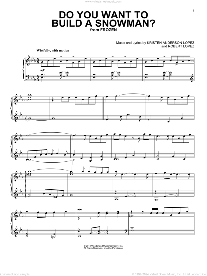 Do You Want To Build A Snowman? (from Frozen) sheet music for piano solo by Kristen Bell, Agatha Lee Monn & Katie Lopez, Kristen Bell, Kristen Anderson-Lopez and Robert Lopez, intermediate skill level