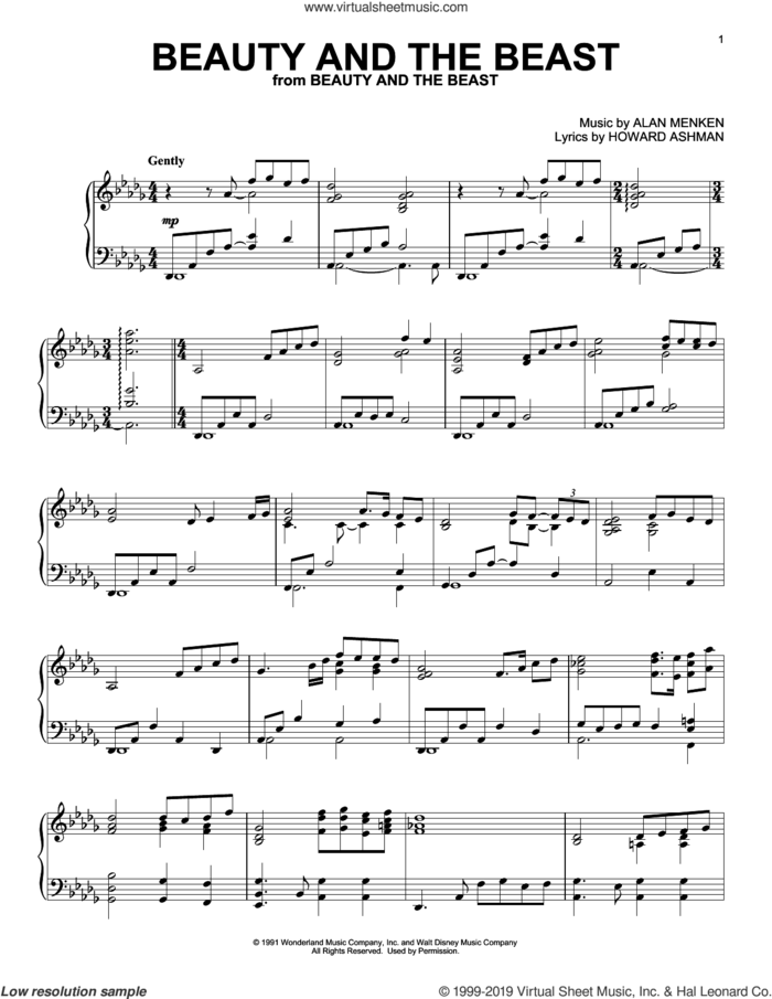 Beauty And The Beast sheet music for piano solo by Alan Menken, Alan Menken & Howard Ashman and Howard Ashman, intermediate skill level