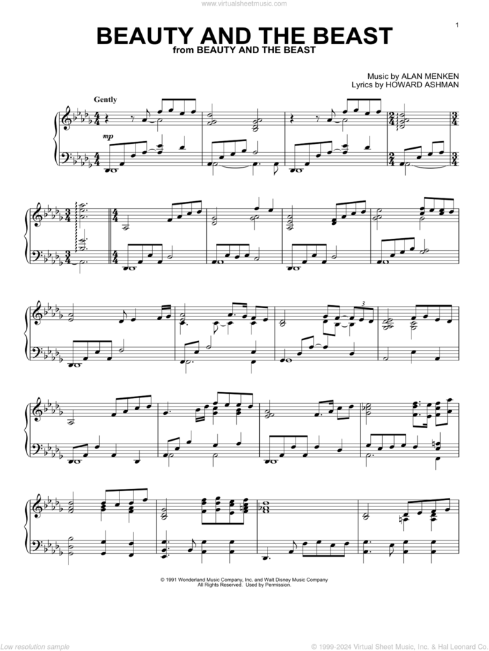 Beauty And The Beast sheet music for piano solo by Alan Menken, Alan Menken & Howard Ashman and Howard Ashman, wedding score, intermediate skill level