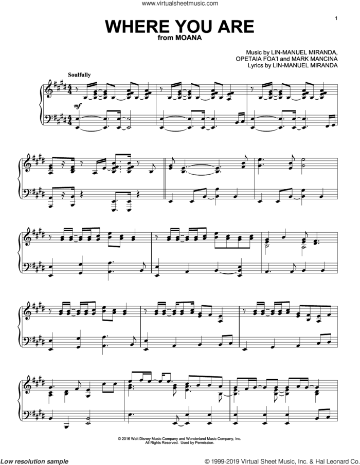 Where You Are (from Moana), (intermediate) sheet music for piano solo by Lin-Manuel Miranda and Mark Mancina, intermediate skill level