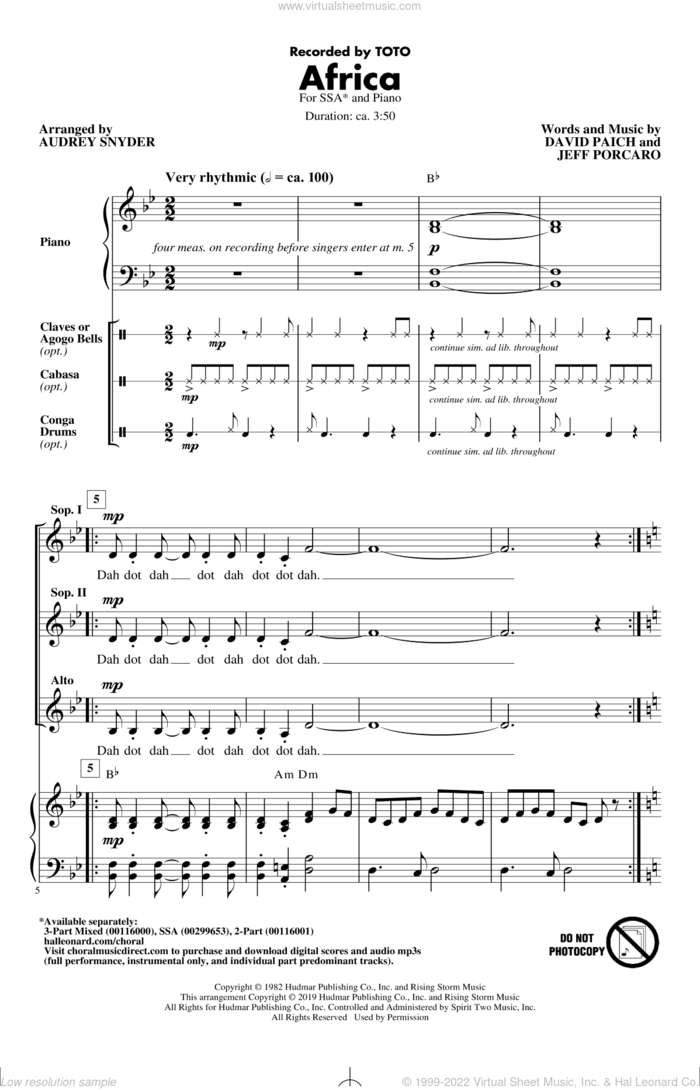 Africa (arr. Audrey Snyder) sheet music for choir (SSA: soprano, alto) by Toto, Audrey Snyder, David Paich and Jeff Porcaro, intermediate skill level