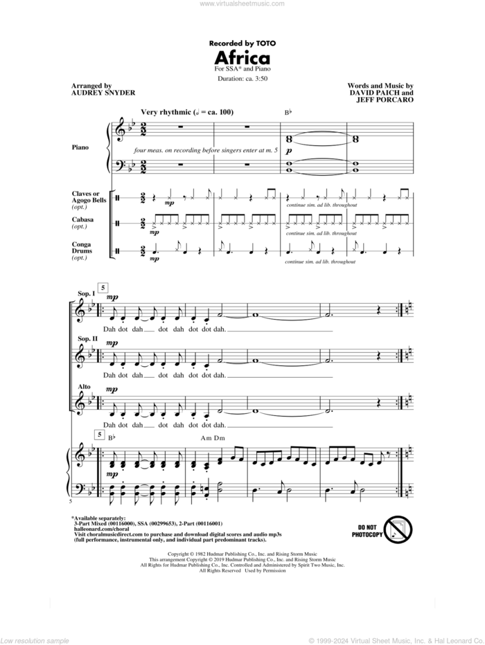 Africa (arr. Audrey Snyder) sheet music for choir (SSA: soprano, alto) by Toto, Audrey Snyder, David Paich and Jeff Porcaro, intermediate skill level