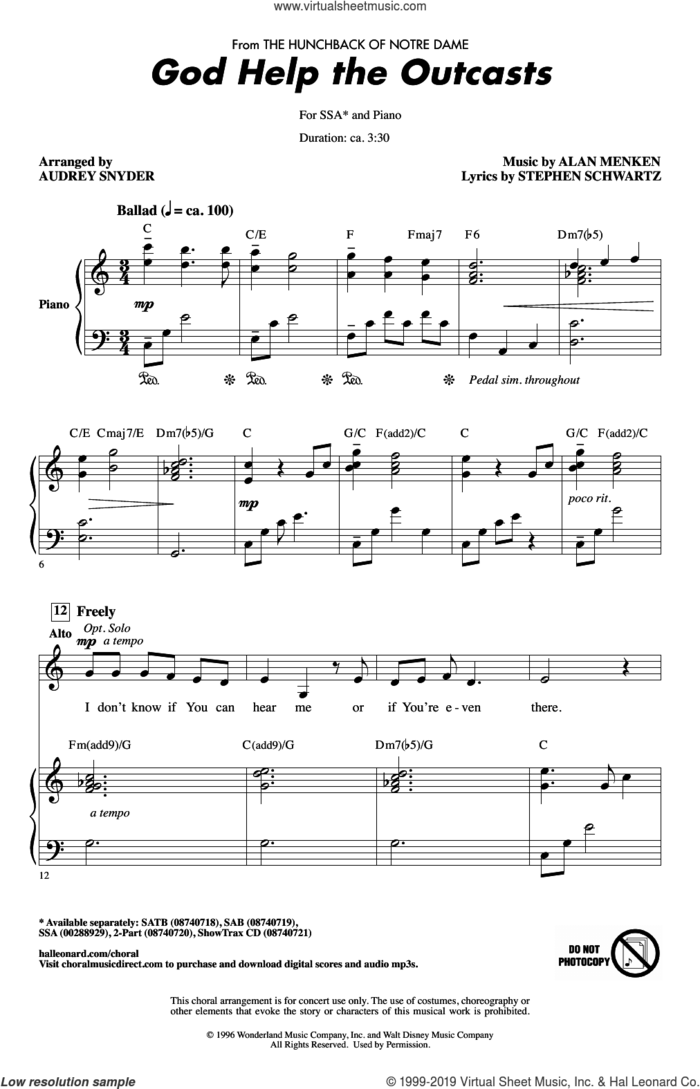 God Help The Outcasts (from The Hunchback Of Notre Dame) (arr. Audrey Snyder) sheet music for choir (SSA: soprano, alto) by Bette Midler, Audrey Snyder, Alan Menken and Stephen Schwartz, intermediate skill level