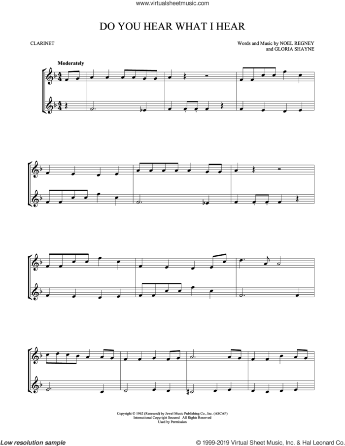 Do You Hear What I Hear sheet music for two clarinets (duets) by Gloria Shayne, Noel Regney and Noel Regney & Gloria Shayne, intermediate skill level