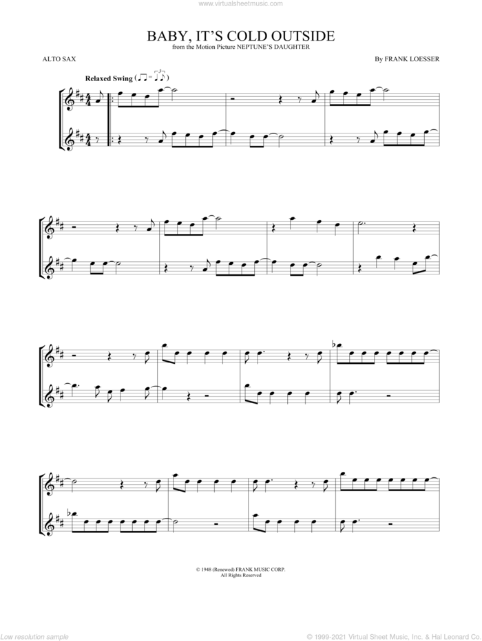 Baby, It's Cold Outside sheet music for two alto saxophones (duets) by Frank Loesser, intermediate skill level