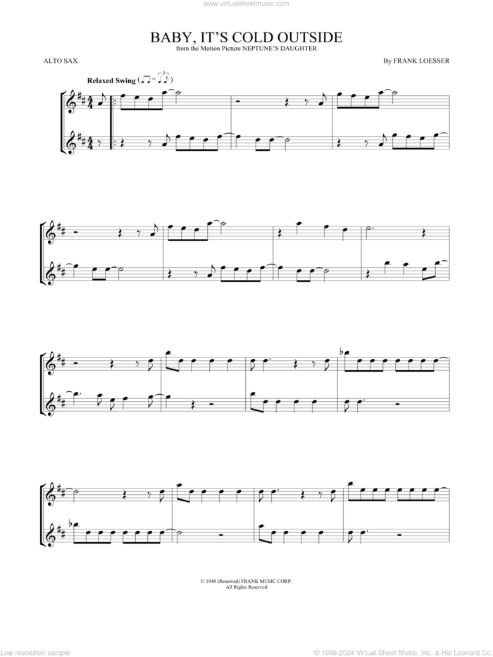 Baby, It's Cold Outside sheet music for two alto saxophones (duets) by Frank Loesser, intermediate skill level