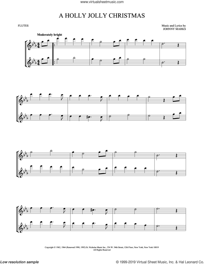 A Holly Jolly Christmas sheet music for two flutes (duets) by Johnny Marks, intermediate skill level