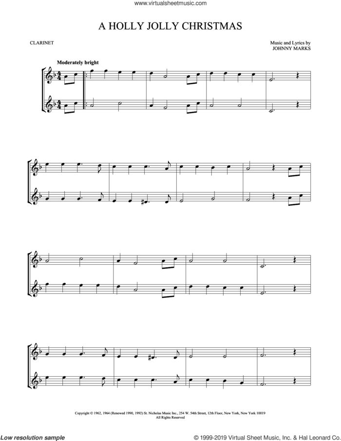 A Holly Jolly Christmas sheet music for two clarinets (duets) by Johnny Marks, intermediate skill level