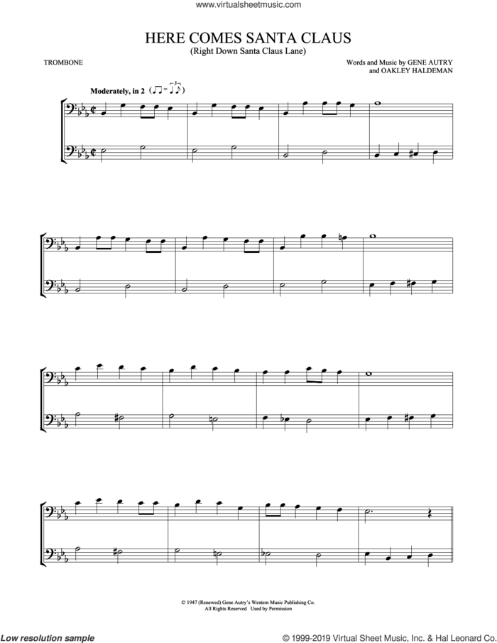 Here Comes Santa Claus (Right Down Santa Claus Lane) sheet music for two trombones (duet, duets) by Gene Autry and Oakley Haldeman, intermediate skill level
