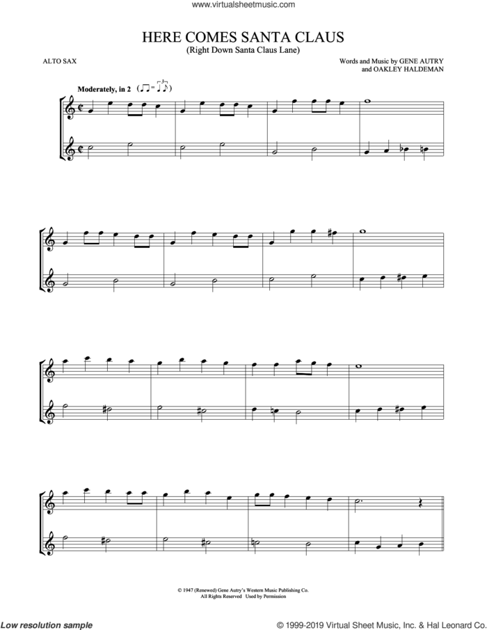 Here Comes Santa Claus (Right Down Santa Claus Lane) sheet music for two alto saxophones (duets) by Gene Autry and Oakley Haldeman, intermediate skill level