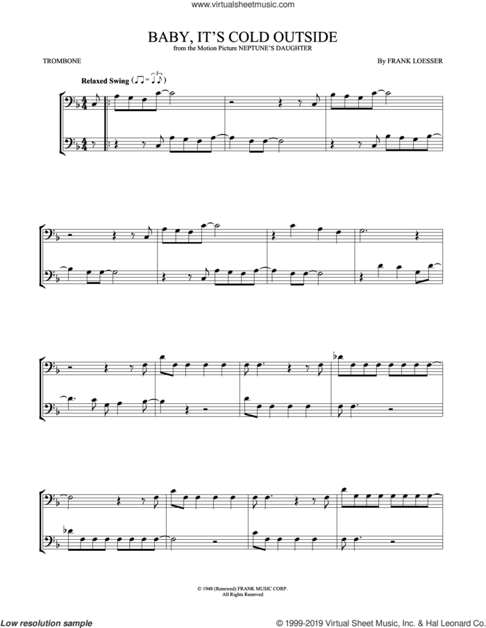 Baby, It's Cold Outside sheet music for two trombones (duet, duets) by Frank Loesser, intermediate skill level