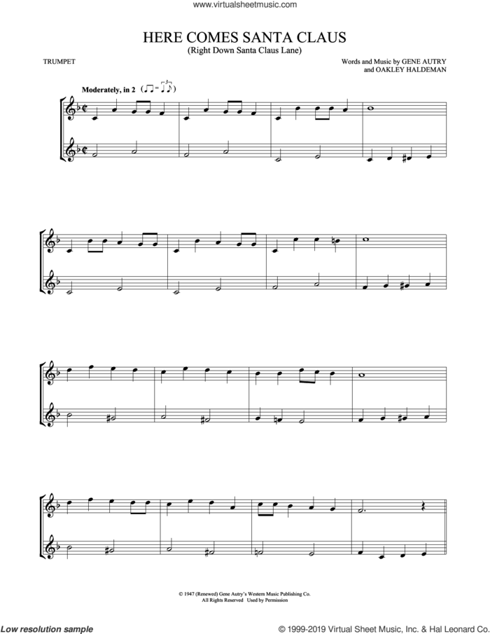 Here Comes Santa Claus (Right Down Santa Claus Lane) sheet music for two trumpets (duet, duets) by Gene Autry and Oakley Haldeman, intermediate skill level