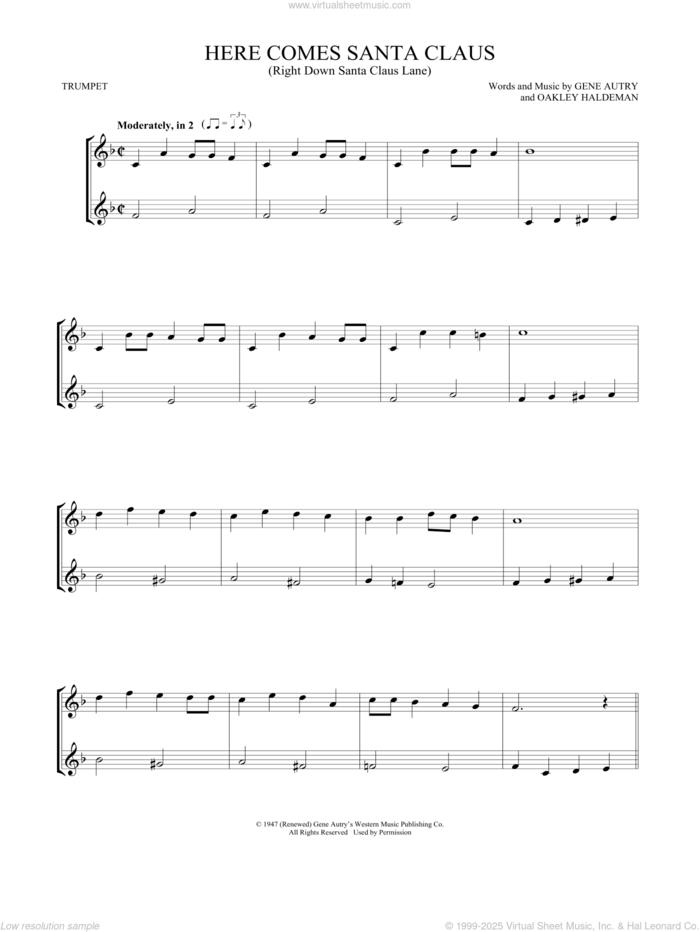 Here Comes Santa Claus (Right Down Santa Claus Lane) sheet music for two trumpets (duet, duets) by Gene Autry and Oakley Haldeman, intermediate skill level