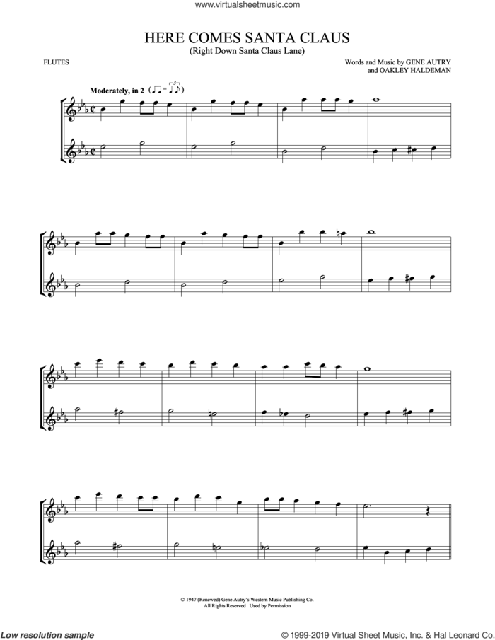 Here Comes Santa Claus (Right Down Santa Claus Lane) sheet music for two flutes (duets) by Gene Autry and Oakley Haldeman, intermediate skill level