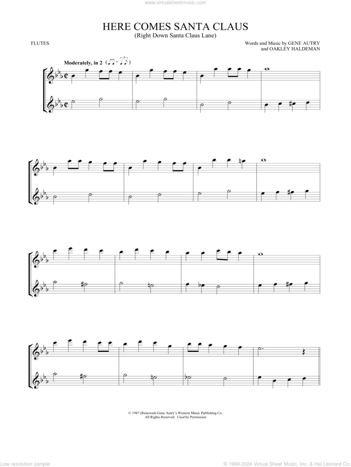 Here Comes Santa Claus (Right Down Santa Claus Lane) sheet music for two flutes (duets) by Gene Autry and Oakley Haldeman, intermediate skill level