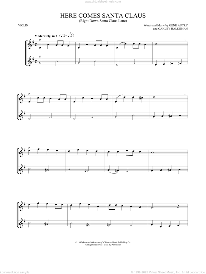 Here Comes Santa Claus (Right Down Santa Claus Lane) sheet music for two violins (duets, violin duets) by Gene Autry and Oakley Haldeman, intermediate skill level