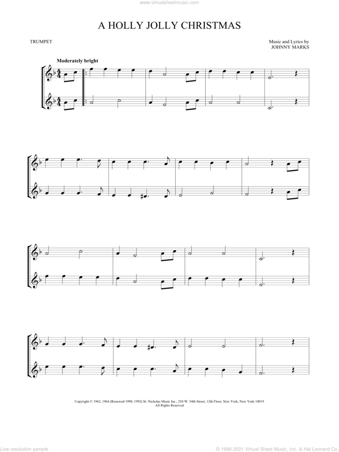 A Holly Jolly Christmas sheet music for two trumpets (duet, duets) by Johnny Marks, intermediate skill level