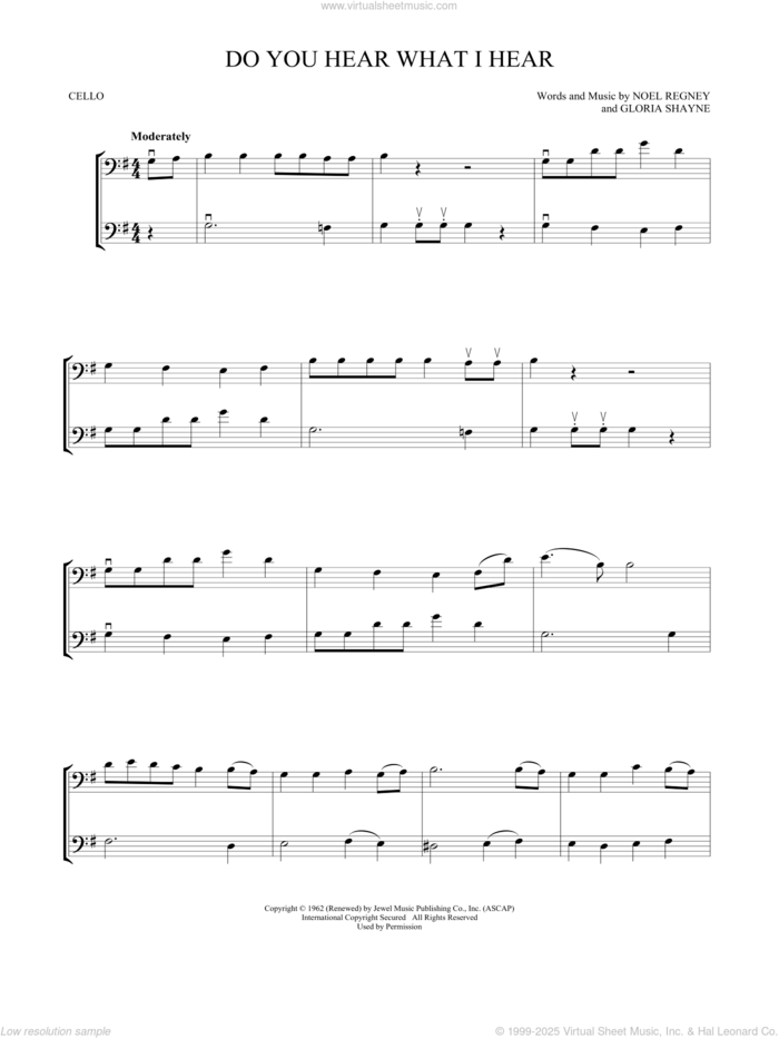 Do You Hear What I Hear sheet music for two cellos (duet, duets) by Gloria Shayne, Noel Regney and Noel Regney & Gloria Shayne, intermediate skill level