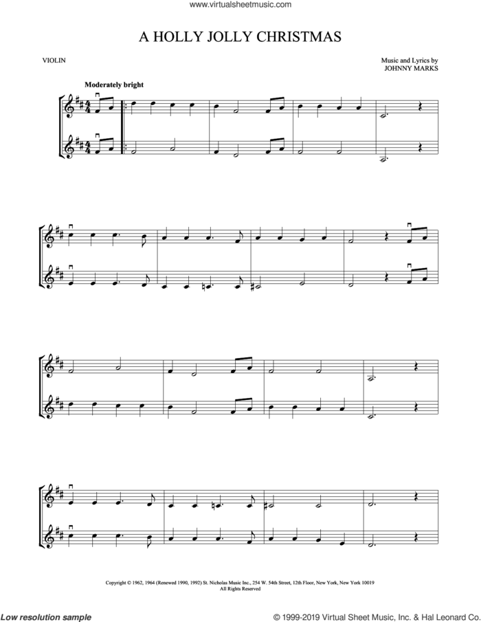 A Holly Jolly Christmas sheet music for two violins (duets, violin duets) by Johnny Marks, intermediate skill level