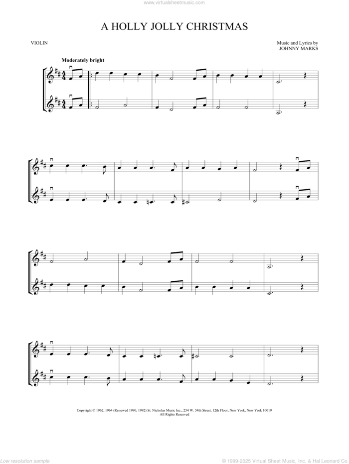 A Holly Jolly Christmas sheet music for two violins (duets, violin duets) by Johnny Marks, intermediate skill level