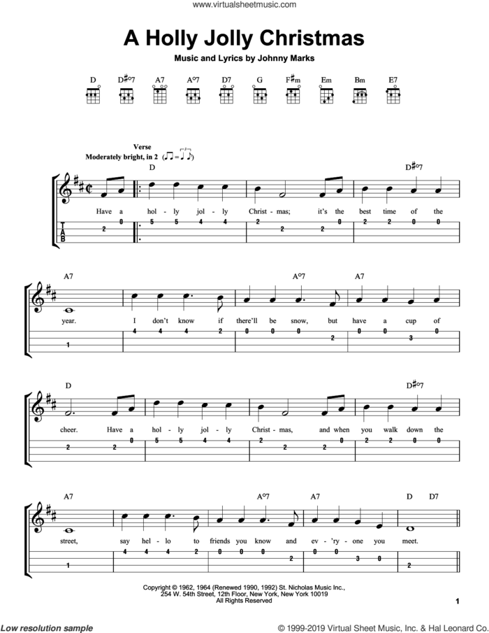 A Holly Jolly Christmas sheet music for ukulele (easy tablature) (ukulele easy tab) by Johnny Marks, intermediate skill level