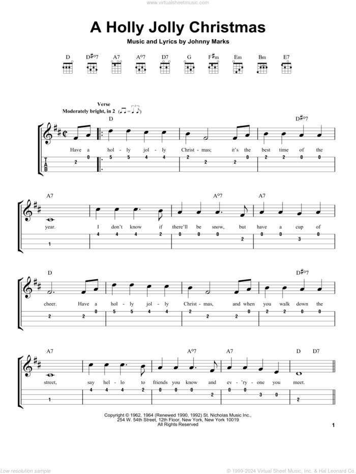 A Holly Jolly Christmas sheet music for ukulele (easy tablature) (ukulele easy tab) by Johnny Marks, intermediate skill level