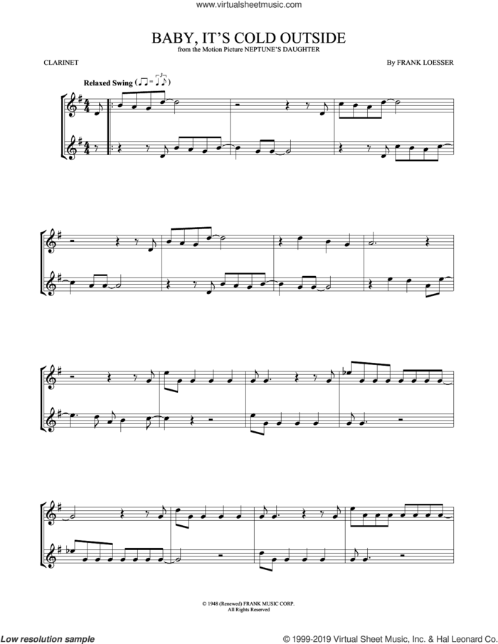 Baby, It's Cold Outside sheet music for two clarinets (duets) by Frank Loesser, intermediate skill level