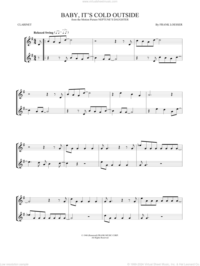 Baby, It's Cold Outside sheet music for two clarinets (duets) by Frank Loesser, intermediate skill level