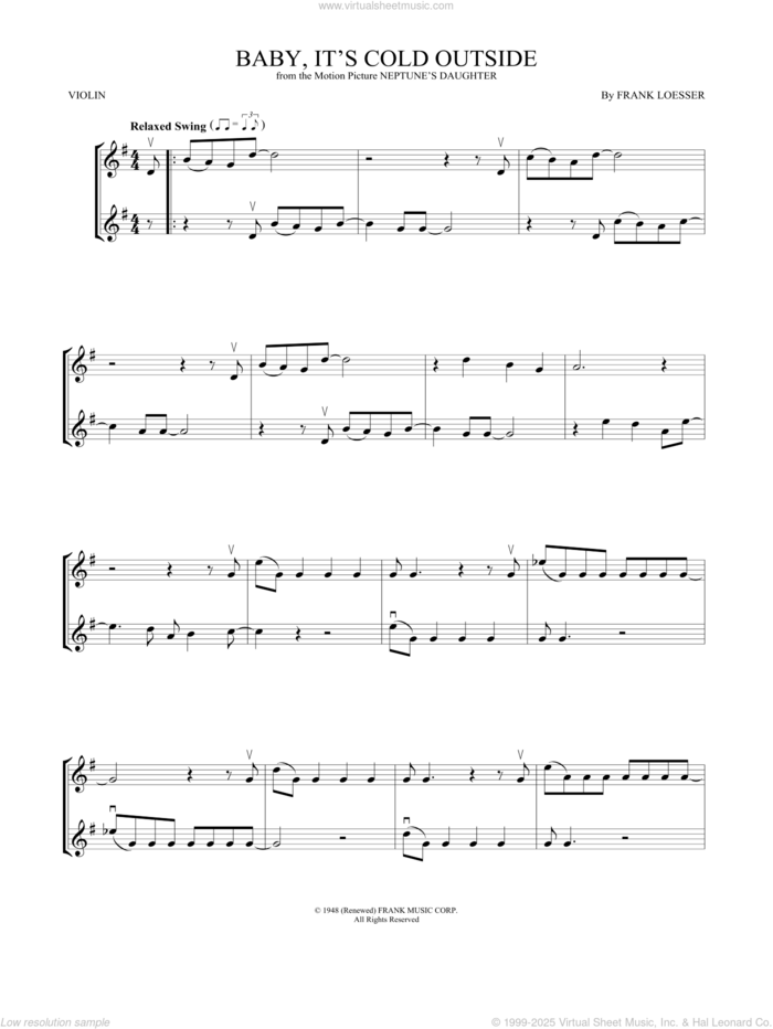 Baby, It's Cold Outside sheet music for two violins (duets, violin duets) by Frank Loesser, intermediate skill level