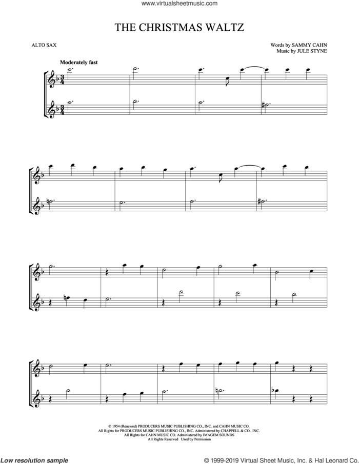 The Christmas Waltz sheet music for two alto saxophones (duets) by Sammy Cahn and Jule Styne, intermediate skill level