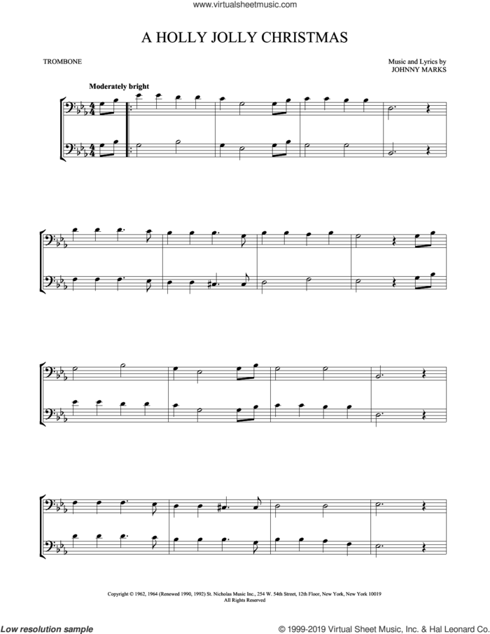 A Holly Jolly Christmas sheet music for two trombones (duet, duets) by Johnny Marks, intermediate skill level